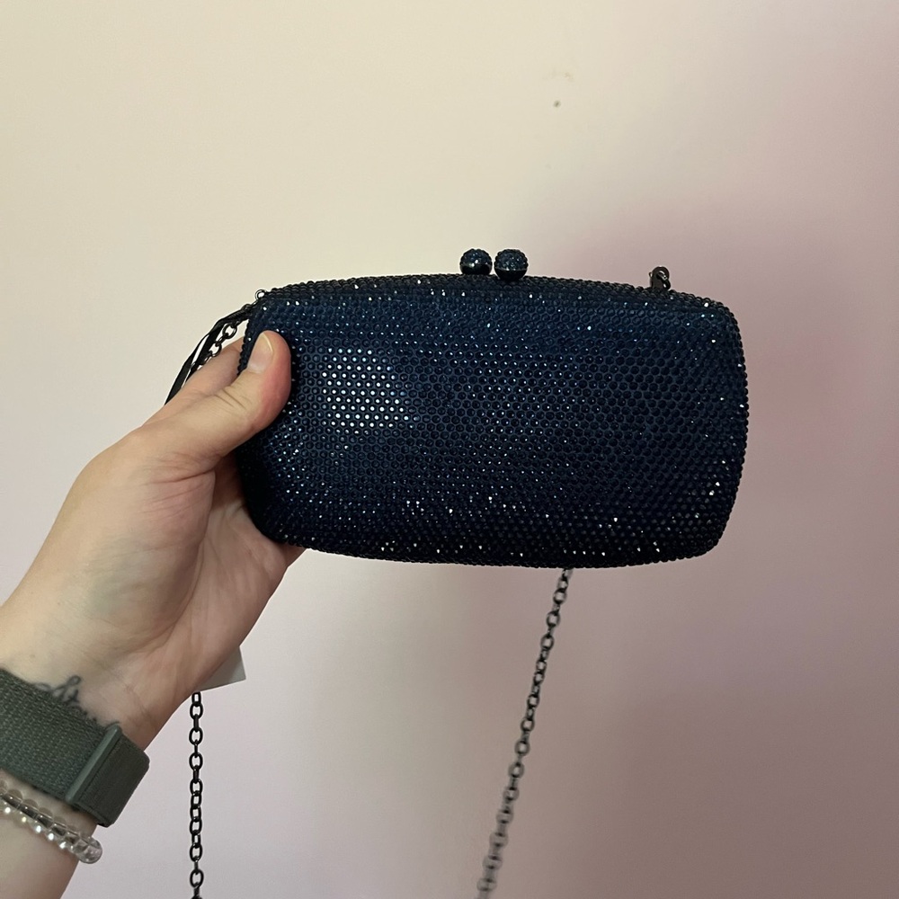 Navy Blue Textured Evening Clutch with Chain Strap
